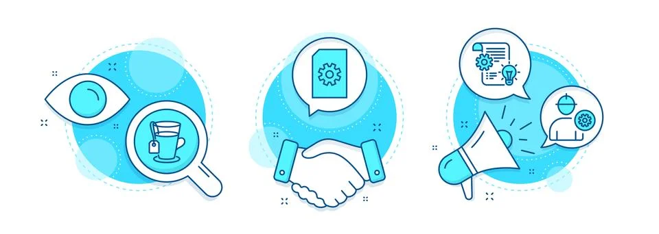 File management, Engineer and Tea icons set. Cogwheel sign. Doc with cogwheel Stock Illustration