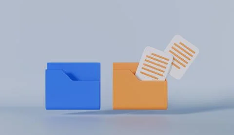 File management in folder with flying blank documents, paper icon 3d rendering Иллюстрация