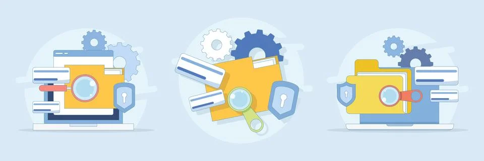 File management set illustrating document organization, file editing. Stock Illustration