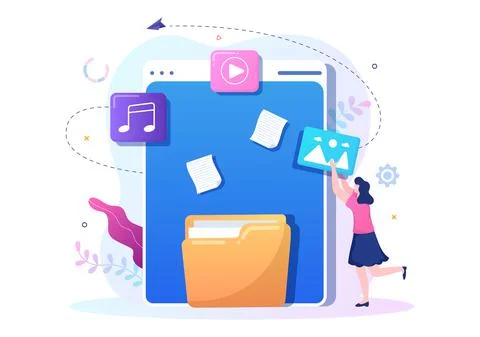 File Management System and Information Vector Illustration with People Holdin Stock Illustration