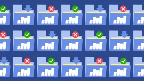File management workflow pattern with checkmarks and cross icons in a background Stock Footage 333414428