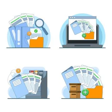 File manager illustration set featuring monitors, folders, documents. Stock Illustration