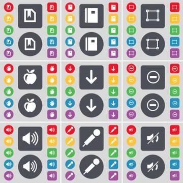 File, Notebook, Frame, Apple, Arrow down, Minus, Sound, Microphone, Mute icon sy 스톡 일러스트