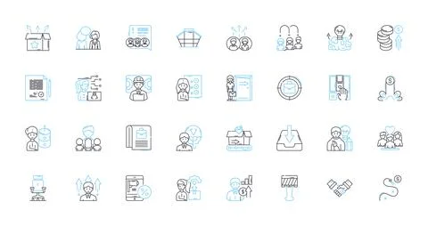 File organization linear icons set. Folders, Tags, Sort, Categorize, Alphabetize Illustrazione stock