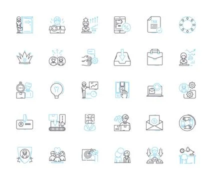 File organization linear icons set. Folders, Tags, Sort, Categorize, Alphabetize Illustrazione stock