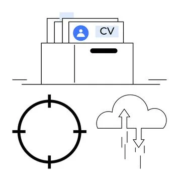 File organizer with CVs, target symbol, and cloud with upload arrows represen Ilustração Stock