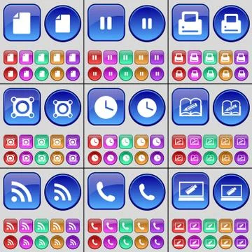 File, Pause, Printer, Speaker, Clock, Book, RSS, Receiver, Laptop. A large set o Stock Illustration