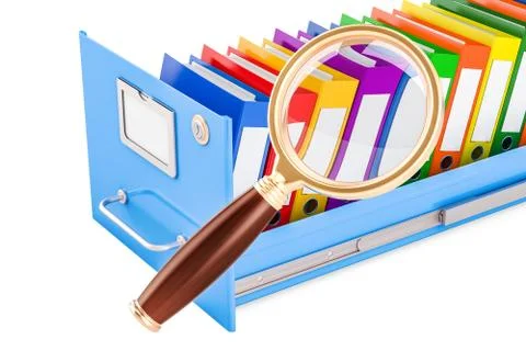 File search concept. Folders inside filing cabinet with magnifying glass, 3D  Stock Illustration
