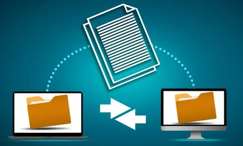 File sharing concept with data transfer between computers Illustrazione stock