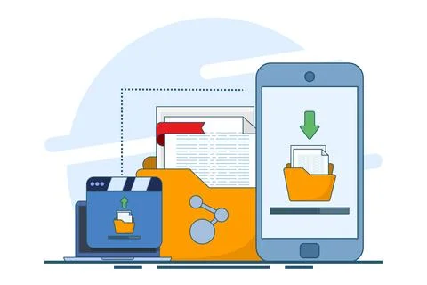 File sharing concept, data transfer, documentation transfer, cloud services. Stockillustratie