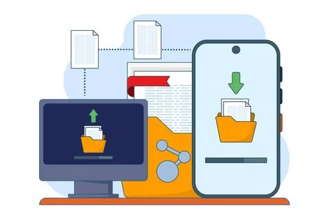 File sharing concept, data transfer, documentation transfer, cloud services. Stockillustratie