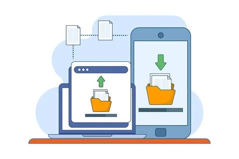 File sharing concept, data transfer, documentation transfer, cloud services. Stock Illustration