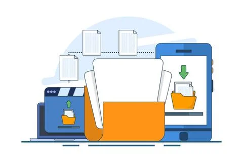 File sharing concept, data transfer, documentation transfer, cloud services. Stockillustratie