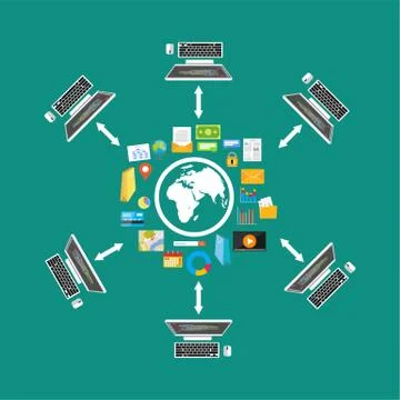 File sharing. File transfer. Network. Distributed content. Cloud storage. Stock Illustration