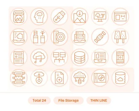 File Storage Pixel Aligned Vector Set with 24 High Resolution Thin Line Icons Stock Illustration