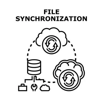 File synchronization concept with cloud storage servers transferring data Illustrazione stock