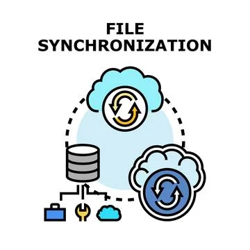 File synchronization concept with cloud storage servers transferring data 库存插图