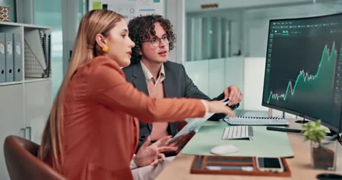 File, team and trading advice on computer screen for market timing, stock trends Stock Footage 341474655