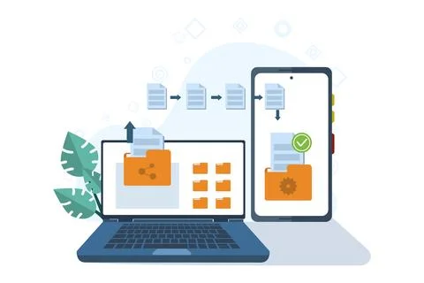 File transfer concept, cloud technology, upload and download, data backup. Illustrazione stock