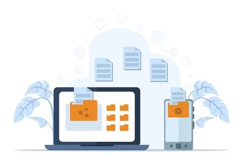 File transfer concept, cloud technology, upload and download, data backup. Illustrazione stock