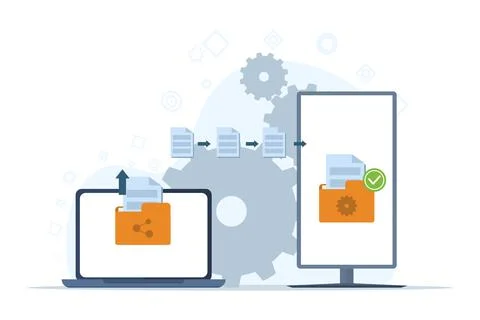 File transfer concept, cloud technology, upload and download, data backup. Illustrazione stock