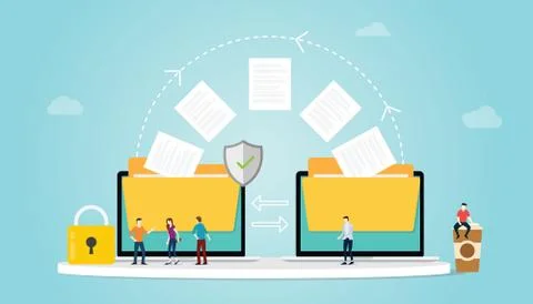File transfer concept with folder and files transfering move with security an Stock Illustration
