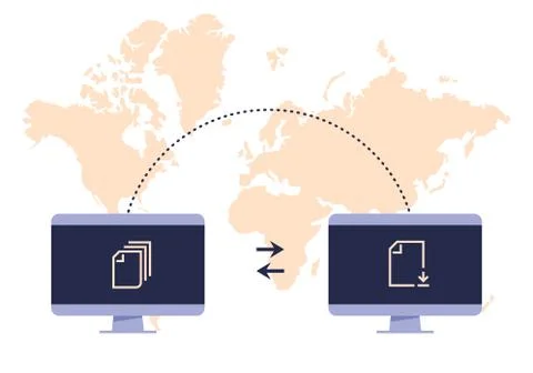 File transfer concept. Two computers transferred documents, exchangers files Illustrazione stock