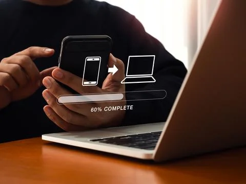 File transfer, data migration, transmission, backup files concept. Loading .. Stock Photos