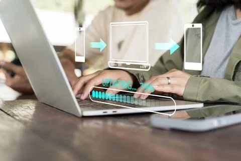 File transfer, data migration, transmission, backup files concept. Loading .. Stock Photos