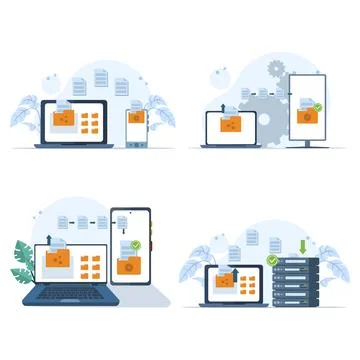 File transfer illustration set featuring data backup Stock Illustration