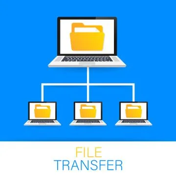 File transfer. laptops with folders on screen and transferred documents. Copy Stock Illustration