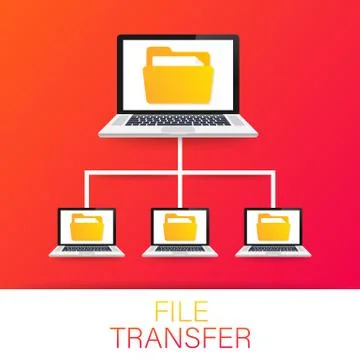 File transfer. laptops with folders on screen and transferred documents. Copy Illustrazione stock