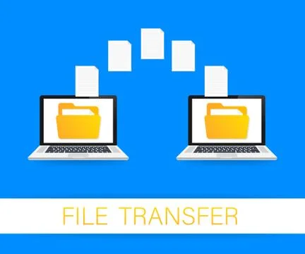 File transfer. laptops with folders on screen and transferred documents. Copy Stock Illustration