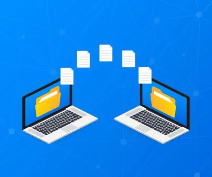 File transfer. laptops with folders on screen and transferred documents. Copy Stock Illustration