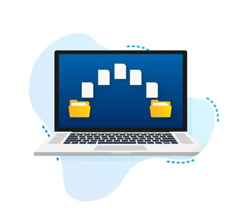 File transfer. laptops with folders on screen and transferred documents. Copy Stock Illustration