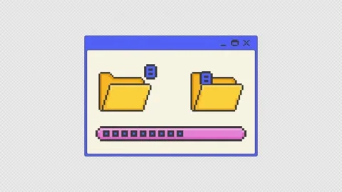 File transfer process pixel art pop-up window UI overlay animation Stock Footage 333308869
