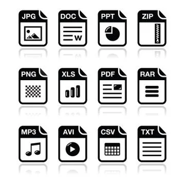 File type black icons with shadow set - zip, pdf, jpg, doc Stock Illustration