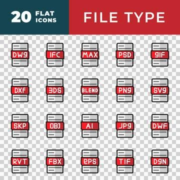 File type flat icon set. files and documents black fill design icons.  Stock Illustration