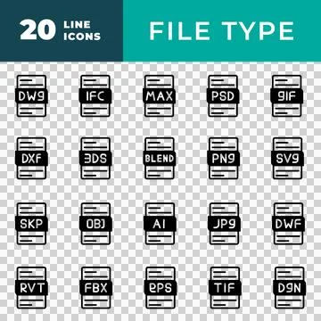 File type icon set. documents and files black fill design icons.  Stock Illustration