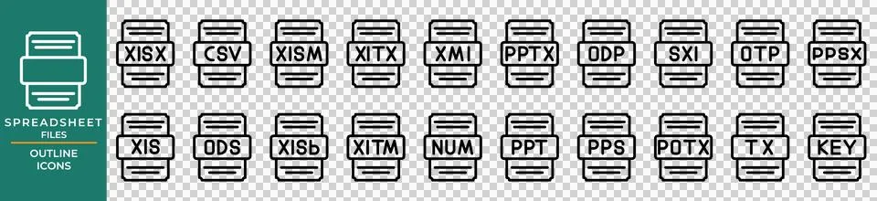 File type icon spreadsheet set. with outline design, document format files Illustrazione stock