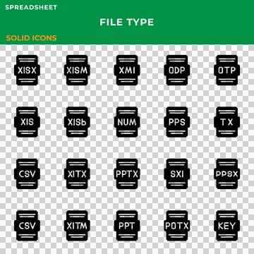 File type icon spreadsheet set. with solid design, files format document Stock Illustration