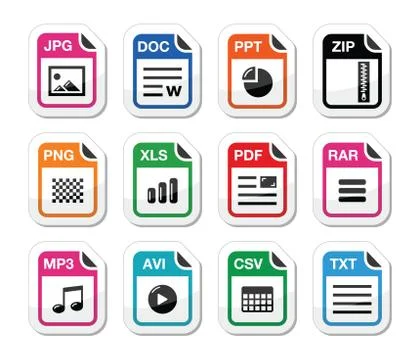 File type icons as labels set - zip, pdf, jpg, doc Illustrazione stock