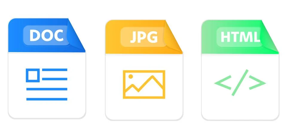 File type icons. Set of doc, jpg, html. Collection colored icons for download on 스톡 일러스트