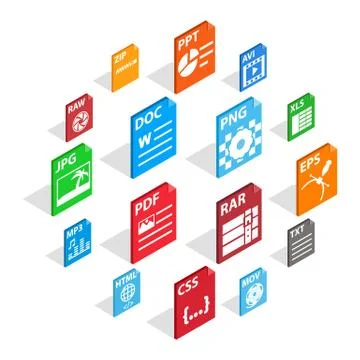File Type Icons set, isometric 3d style Stock Illustration
