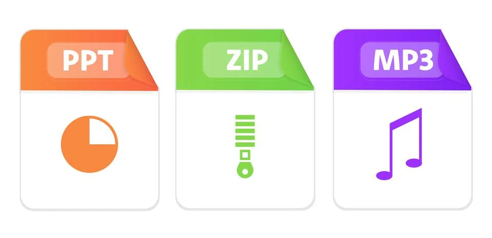 File type icons. Set of ppt, zip, mp3. Collection colored icons for download on 스톡 일러스트