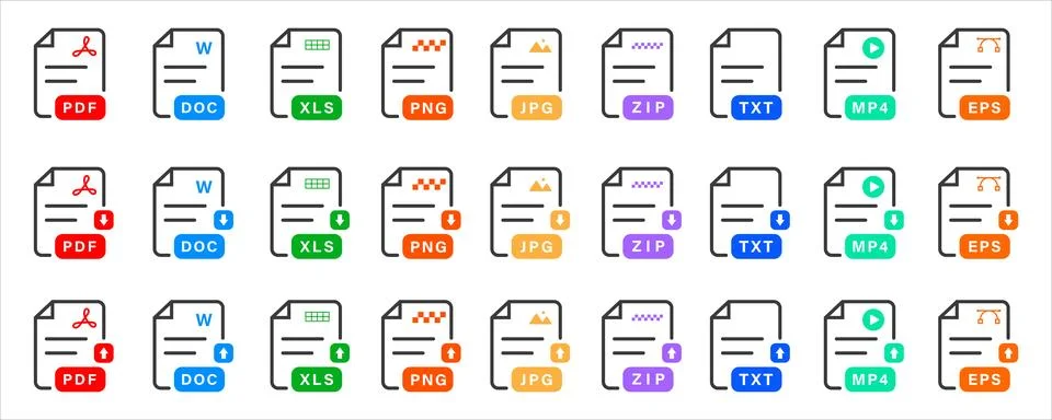 File Type Icons Set  Upload, Download, Document Formats Stock Illustration