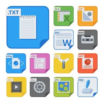 File types and formats labels icon presentation document symbol application Illustrazione stock