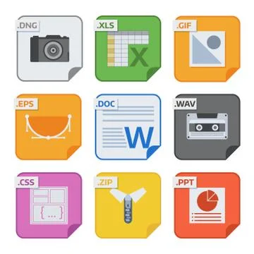 File types vector icons and formats labels file system icons presentation Stock Illustration