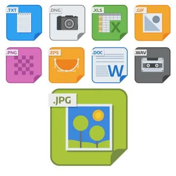 File types vector icons and formats labels file system icons presentation Stock Illustration