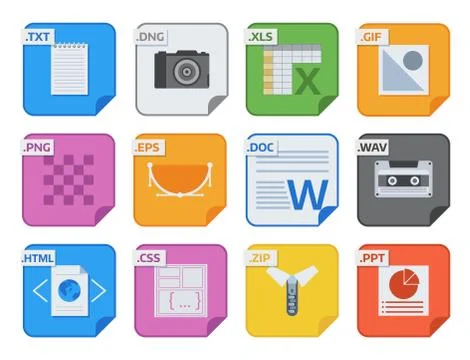 File types vector icons and formats labels file system icons presentation Stock Illustration